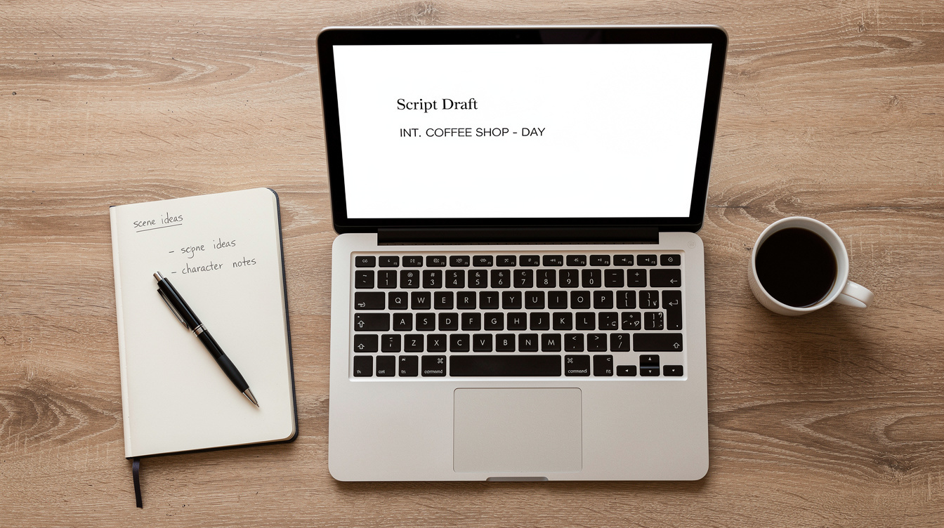 Overhead view of a script writing desk with laptop and notebook