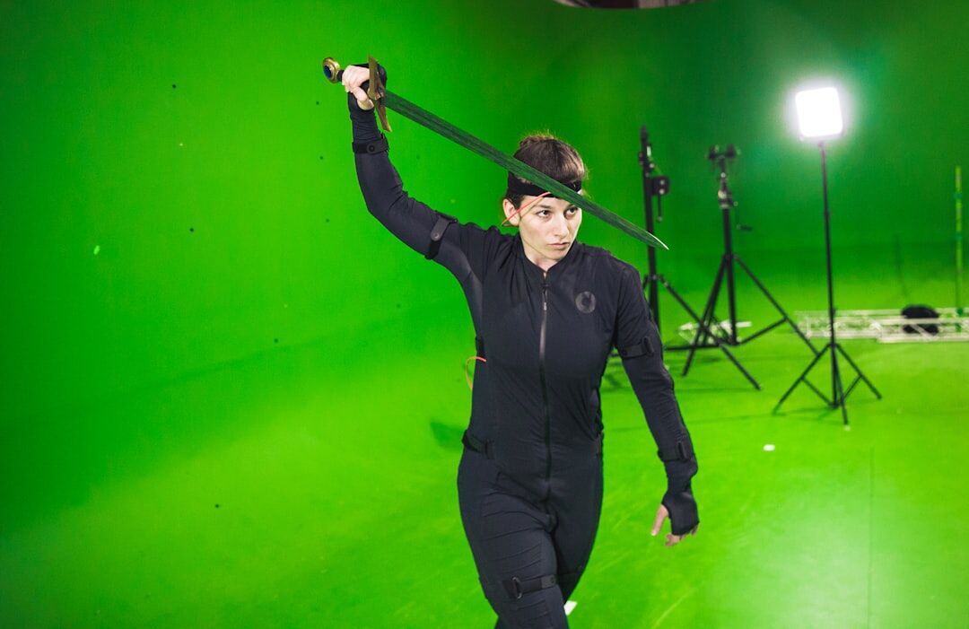 Empty green screen studio with lighting rig