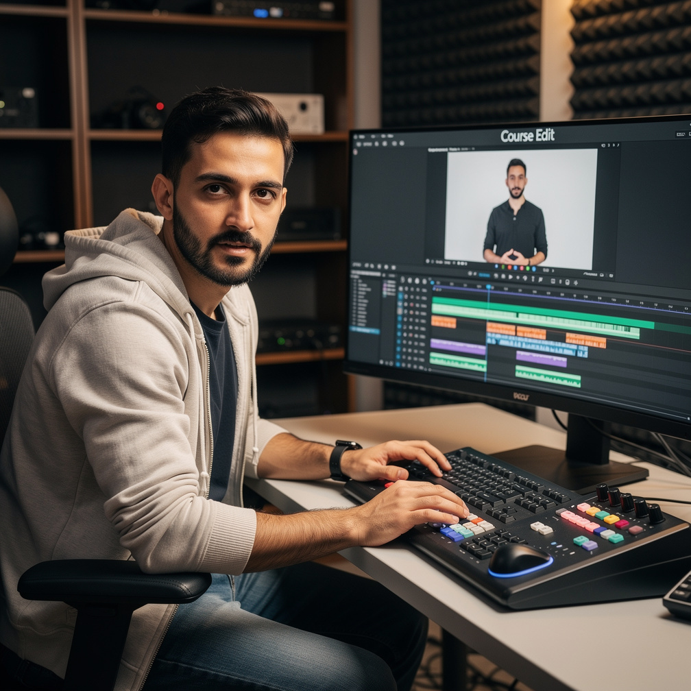 Turkish video editor reviewing footage on a monitor