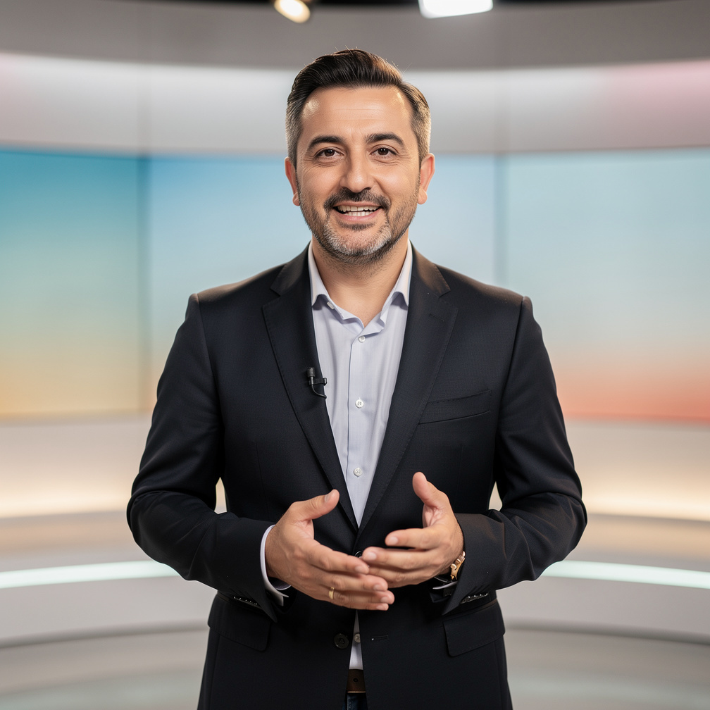 Turkish male presenter speaking on a TV studio set